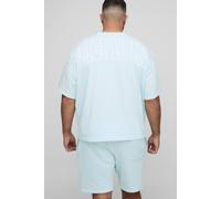 Men's Plus Official Man Contrast Stitch Oversized Boxy T-Shirt & Relaxed Jersey Short Set | Light Blue | Size 5X-Large | BOOHOOMAN