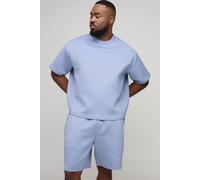 Men's Plus Oversized Boxy Bonded Scuba T-Shirt & Relaxed Short Set | Dusty Blue | Size 3X-Large | BOOHOOMAN