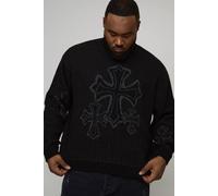Men's Plus Oversized Boxy Fluffy Cross Jacquard Knitted Jumper | Black | Size 2X-Large | BOOHOOMAN