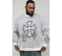 Men's Plus Oversized Boxy Fluffy Cross Jacquard Knitted Jumper | Ecru | Size 2X-Large | BOOHOOMAN