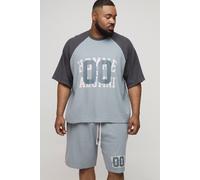 Men's Plus Oversized Boxy Raglan Waffle Graphic T-Shirt & Shorts Set | Grey | Size 2X-Large | BOOHOOMAN