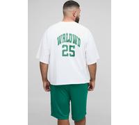 Men's Plus Oversized Boxy Worldwide Panel Print T-Shirt & Basketball Short Set | White | Size 3X-Large | BOOHOOMAN