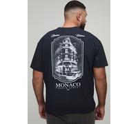 Mens Plus Oversized Washed Black Monaco Landscape Print T-Shirt, Black 4XL