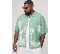 Men's Plus Relaxed Palm Print Jacquard Knitted Shirt | Sage | Size 3X-Large | boohooMAN