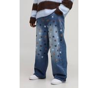 Men's Plus Relaxed Rigid Fleur De Lis Embroidered Jeans | Mid Wash | Size 38 | BOOHOOMAN