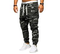 Men's Plus Size Camo Cargo Pants Slim Fit Multi Pocket Tactical Pants Drawstring Elastic Waist Workout Joggers Trouser Black