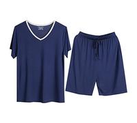 Mens Plus Size Pajama Sets Loose Lounge Short Sleeve Pyjama Extra Soft Comfy Modal Pyjama Bottoms V Neck Pjs with Draw Cord Breathable and Light Sweatpants Home Outdoor Activities Navy