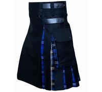 Men's Plus Size Scottish Hybrid Black Cotton & Tartan Utility Kilts with Leather Straps Kilts for Men, Black & Ramsey Blue Tartan, 50'' waist at belly button