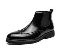 Men's Pointed Toe Chelsea Ankle Boots Patent Leather Short Boots Pull on Vintage Brogue Shoes,Black,12.5 UK