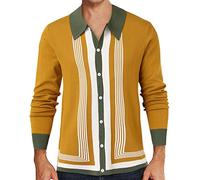 Mens Polo Mens Black Shirt Polo Shirts 2025 Trendy Mens Striped Button Elastic Knitted Long Sleeve Cardigan Sweater Mens Long Sleeve T Shirt (Yellow, XL)