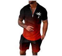 Men's Polo Shirt and Short Sets Short Sleeve Suit Set Zip Joggers Gym Top Casual Running Sport Sweat Activewear 2 Piece Suit Pants Sweat Outfit Casual Sport Suit (Men's Summer Tracksuit Set Red,4XL)