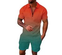 Men's Polo-Shirt and Shorts Sets 2 Piece Summer Tracksuit Co Ord Set Smart Casual Gradient Colour Lapel 1/4 Zip Mech T Shirts Breathable Lightweight Soft Shorts with Pockets Beach Activewear Suits