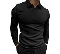 Men's Polo Shirt Classic Fashion Casual Outdoor T-Shirts Lightweight Breathable Solid Color Long Sleeves T-Shirt D-Black L