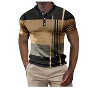 Mens Polo Shirt - Male Spring And Summer Button Down Short Sleeve Top Plaid Lapel Color Matching Stripe Print T Shirt (Rose Gold M)