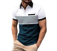 Mens Polo Shirt Short Sleeve Casual Summer Color Matching Striped T Shirt with Chest Pocket and Half - Zip Regular Fit Breathable Golf Business Top (01-1-White, XL)