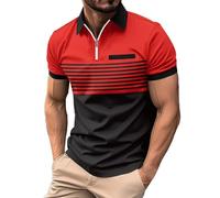 Mens Polo Shirt Short Sleeve Casual Summer Color Matching Striped T Shirt with Chest Pocket and Half - Zip Regular Fit Breathable Golf Business Top (01-1-Red, XL)