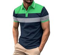 Mens Polo Shirt Short Sleeve Casual Summer Color Matching Striped T Shirt with Chest Pocket and Half - Zip Regular Fit Breathable Golf Business Top (01-2-Green, XL)