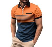 Mens Polo Shirt Short Sleeve Casual Summer Color Matching Striped T Shirt with Chest Pocket and Half - Zip Regular Fit Breathable Golf Business Top (01-1-Orange, XL)