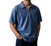 Men's Polo Shirt Short Sleeve Distressed Washed Relaxed Fit Casual Vintage Solid Shirt Top Breathable Cotton Casual Summer Golf Office Travel Wear with Half-Zip Placket & Left Chest Pocket (BU2, 5XL)