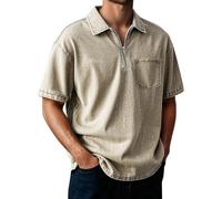 Men's Polo Shirt Short Sleeve Distressed Washed Relaxed Fit Casual Vintage Solid Shirt Top Breathable Cotton Casual Summer Golf Office Travel Wear with Half-Zip Placket & Left Chest Pocket (Khaki,XXL)