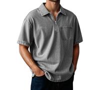 Men's Polo Shirt Short Sleeve Distressed Washed Relaxed Fit Casual Vintage Solid Shirt Top Breathable Cotton Casual Summer Golf Office Travel Wear with Half-Zip Placket & Left Chest Pocket (Grey, 5XL)