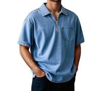 Men's Polo Shirt Short Sleeve Distressed Washed Relaxed Fit Casual Vintage Solid Shirt Top Breathable Cotton Casual Summer Golf Office Travel Wear with Half-Zip Placket & Left Chest Pocket (BU1, L)