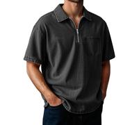 Men's Polo Shirt Short Sleeve Distressed Washed Relaxed Fit Casual Vintage Solid Shirt Top Breathable Cotton Casual Summer Golf Office Travel Wear with Half-Zip Placket & Left Chest Pocket (Black,5XL)