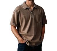 Men's Polo Shirt Short Sleeve Distressed Washed Relaxed Fit Casual Vintage Solid Shirt Top Breathable Cotton Casual Summer Golf Office Travel Wear with Half-Zip Placket & Left Chest Pocket (Brown,5XL)