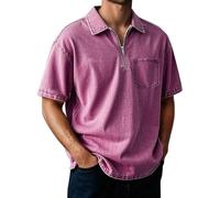 Men's Polo Shirt Short Sleeve Distressed Washed Relaxed Fit Casual Vintage Solid Shirt Top Breathable Cotton Casual Summer Golf Office Travel Wear with Half-Zip Placket & Left Chest Pocket (3XL) Pink