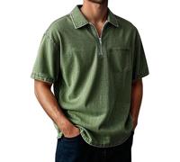 Men's Polo Shirt Short Sleeve Distressed Washed Relaxed Fit Casual Vintage Solid Shirt Top Breathable Cotton Casual Summer Golf Office Travel Wear with Half-Zip Placket & Left Chest Pocket (GN1, 5XL)