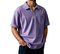 Men's Polo Shirt Short Sleeve Distressed Washed Relaxed Fit Casual Vintage Solid Shirt Top Breathable Cotton Casual Summer Golf Office Travel Wear with Half-Zip Placket & Left Chest Pocket (Purple, L)