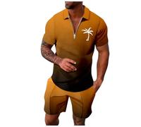 Men's Polo Shirt & Shorts Set 2 Pcs Polo/Crew Neck Shirt & Short Suit Lapel Activewear Sweatsuits Workout Sets Sportswear for Gym Running Exercise Fitness (Men's Summer Tracksuit Set Gold,XXL)