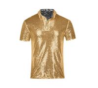 Mens Polo Shirt Sparkly Summer Golf Shirt Glitter Tshirt Sequin Mens Shirts Short Sleeve Men's Tops 2 Buttons Overshirt Lapel Neck Pullover Gold