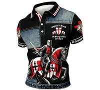 Men's Polo Shirt with Elaborate 3D Print in Knight Design, Short Sleeve Shirt with Denim Look and Knights Templar Motif, Graphic Top for Medieval Fans