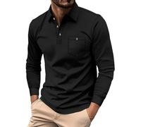 Mens Polo Shirts Casual Waffle Long Sleeve Textured T Shirt Button Up Stand Collar Tshirts Spring Summer Golf Tops for Men Lightweight Men's T-Shirts (Black, XXL)