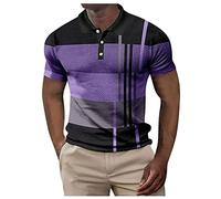 Men'S Polo Shirts - Male Spring And Summer Button Down Short Sleeve Top Plaid Lapel Color Matching Stripe Print T Shirt (Purple Xxl)