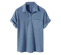 Men's Polo Shirts Short Sleeve Corduroy Shirt with Pocket Button Down Collar T-Shirts Retro Tops Summer Casual Tees Camisa De Trabajo para Hombre(Z01-Blue, L)