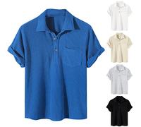 Men's Polo Shirts Short Sleeve Corduroy Shirt with Pocket Button Down Collar T-Shirts Retro Tops Summer Casual Tees Ropa De Hombre(Blue, L)