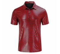 Mens Polo Shirts Short Sleeve Sequin T Shirts Regular Fit Sparkly Designer Polos Solid Colour Classic Golf Shirts Lapel Collar Button Shiny T-Shirts Glitter Tops for Disco Prom