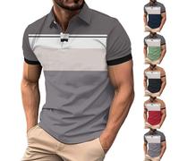 Mens Polo Shirts Striped Golf T-Shirts Short Sleeve Button Down Collar Tops with Stripes Color Block Shirt Summer Tee Ropa De Golf para Hombre Vêtements Homme(Grey, M)
