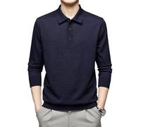 Men's Polo T-Shirt Long Sleeve 100% Merino Wool Polo Knit Wear Thin Sweater Machine Washable (UK, Alpha, M, Regular, Regular, Dark Blue)