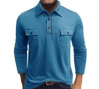 Men's Polos Long Sleeve Lapel Collar Cotton Casual Golf T-Shirts Plain Color Athletic Tee Slim Fit Lightweight Grandad Sports Blosue Office Smart Casual Workwear with 2 Pockets A-blue
