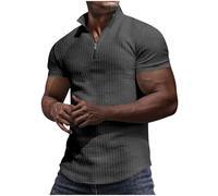 Men's Polos Muscle Fit Gym T Shirt Quarter Zip Golf Polos Shirts Summer Solid Color Waffle Top Plain Sports T-Shirt Short Sleeve Basic Tee Comfortable Breathable Workout Tops Activewear Dark Gray