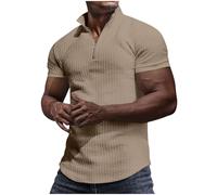 Men's Polos Muscle Fit Gym T Shirt Quarter Zip Golf Polos Shirts Summer Solid Color Waffle Top Plain Sports T-Shirt Short Sleeve Basic Tee Comfortable Breathable Workout Tops Activewear Khaki