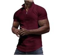 Men's Polos Muscle Fit Gym T Shirt Quarter Zip Golf Polos Shirts Summer Solid Color Waffle Top Plain Sports T-Shirt Short Sleeve Basic Tee Comfortable Breathable Workout Tops Activewear Wine