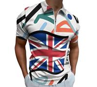 Men's Polos Shirts Hand-Painted Union Jack Short Sleeve Zipper Basic T-Shirt Casual Fit Lightweight Tops Fun Doodle Golf T Shirt Athletic Collared Summer Shirts White Beach Vacation Clothes