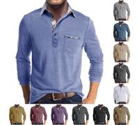 Mens Polos Shirts Henley V Neck T Shirts Regular Fit Moisture Wicking Cotton Tee Collared Basic Casual Fashion Plain Golf Shirt Long Sleeve Tops with Pocket Light Blue