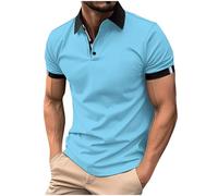 Mens Polos Shirts Short Sleeve UK Clearance Color Block V Neck T Shirts Summer Cotton Tops Basic Tees Buttons Solid Shirts Regular Fit Turn-Down Collar Tshirts Light Blue