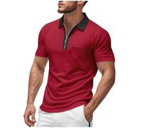 Mens Polos Shirts Short Sleeve UK Quarter Zip Golf Polos Shirts with Pocket Slim Fit Contrasting Colors Tennis T-Shirt Breathable Summer Casual Tee Tops Turn-Down Collar Pullover S-3XL Wine