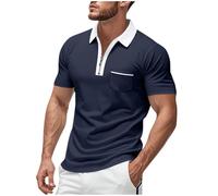 Mens Polos Shirts Short Sleeve UK Quarter Zip Golf Polos Shirts with Pocket Slim Fit Contrasting Colors Tennis T-Shirt Breathable Summer Casual Tee Tops Turn-Down Collar Pullover S-3XL Navy